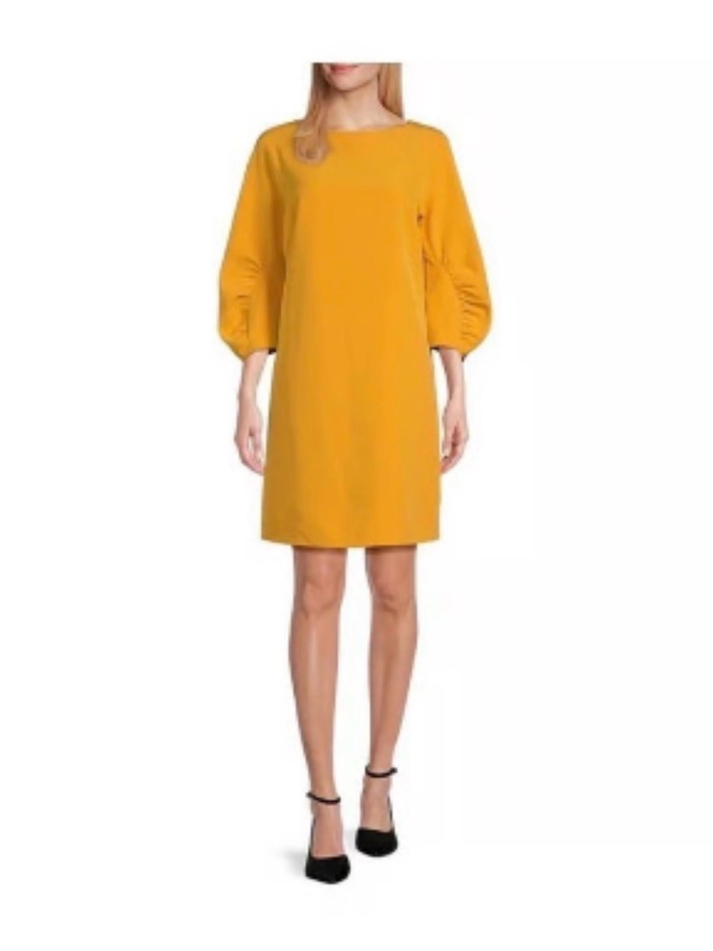 Preston & York Mustard Yellow Shift Dress with Ruched Sleeves- New